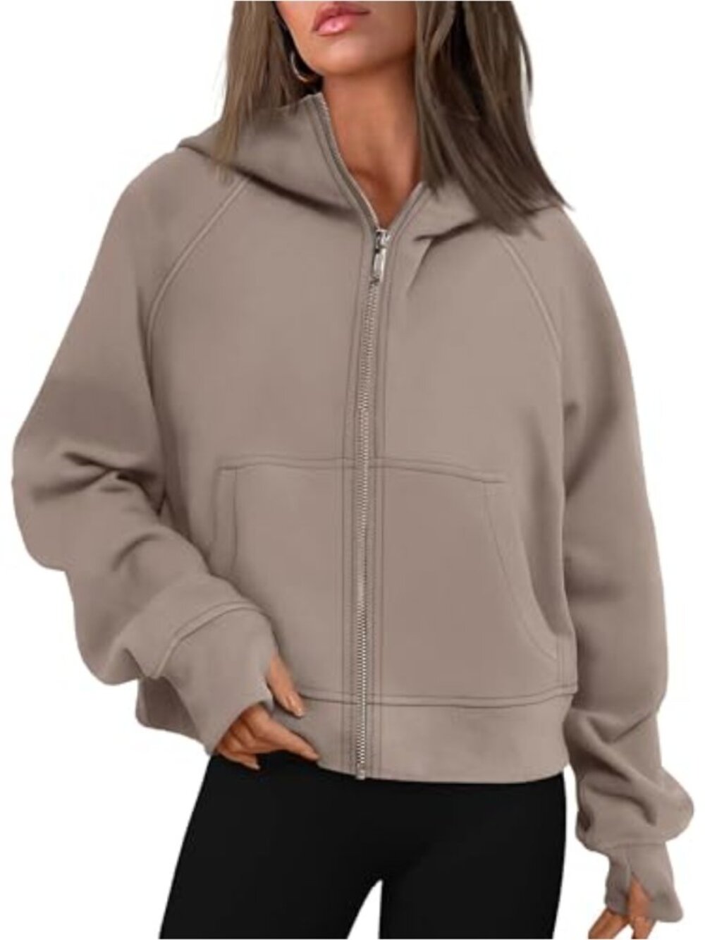 Women's Full Zip Fleece Lined Crop Hoodie with Thumb Holes